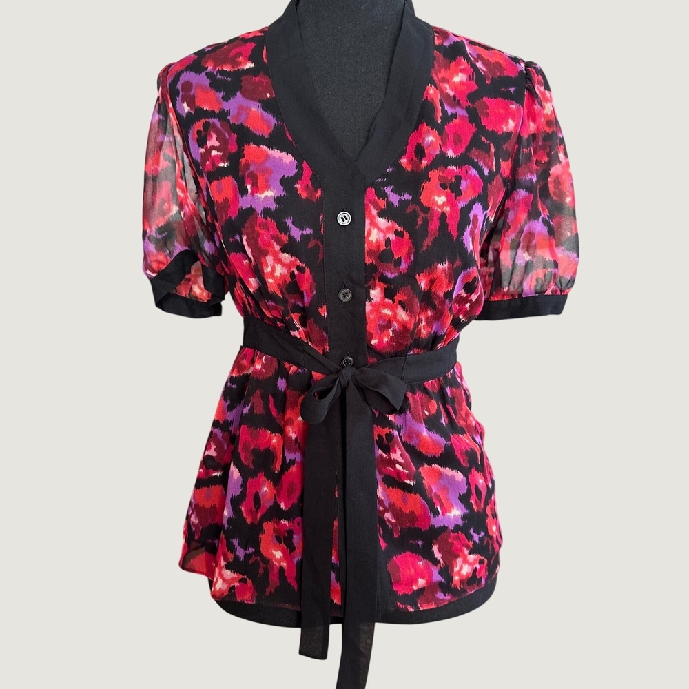 Women's Sheer Abstract Floral Print Button Front Blouse with Tie Waist Size S/M